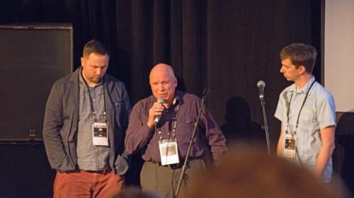 Peace Officer co-directors Scott Chritopherson and Brad Barber, and subject Dub Lawrence (speaking)