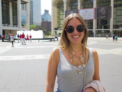 Jocelyn outside the David H. Koch (aka "El Diablo") Theater 